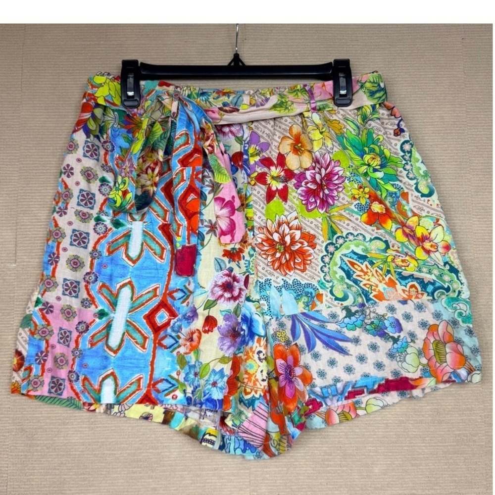 Johnny Was Workshop Floral Patchwork High Rise Belted Shorts Multi Color Boho L